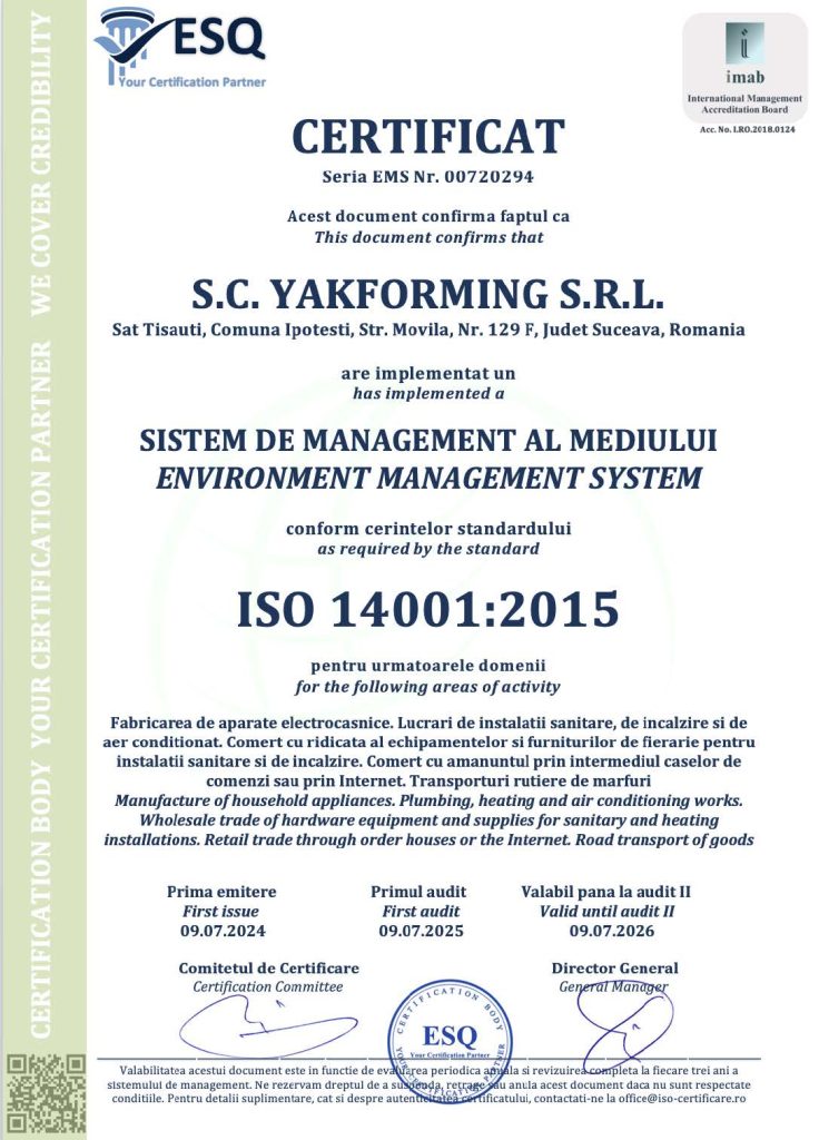 certificat ISO 14001-2015 YAKFORMING
