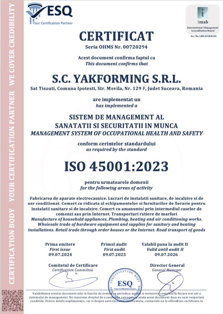 certificat ISO 45001-2023 YAKFORMING