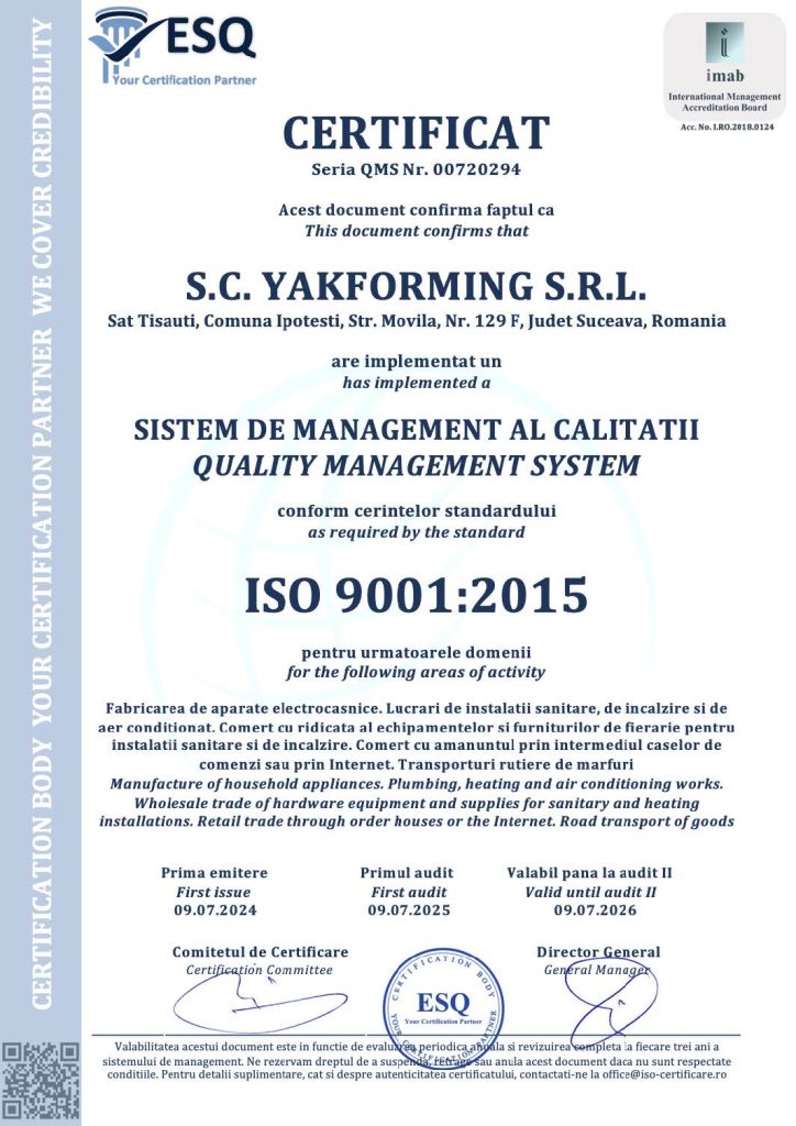 certificat ISO 9001-2015 YAKFORMING